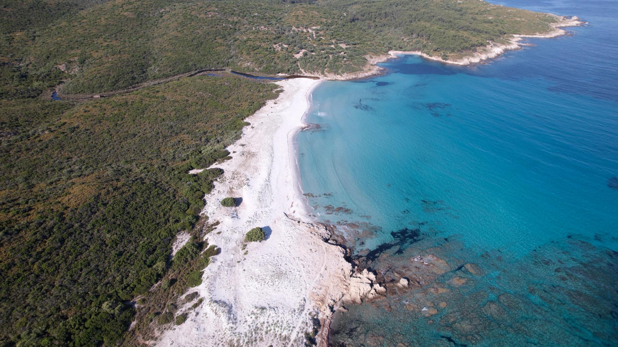 Vue aérienne d'une plage turquoise avec concessionnaire bateau à Île-Rousse en Corse